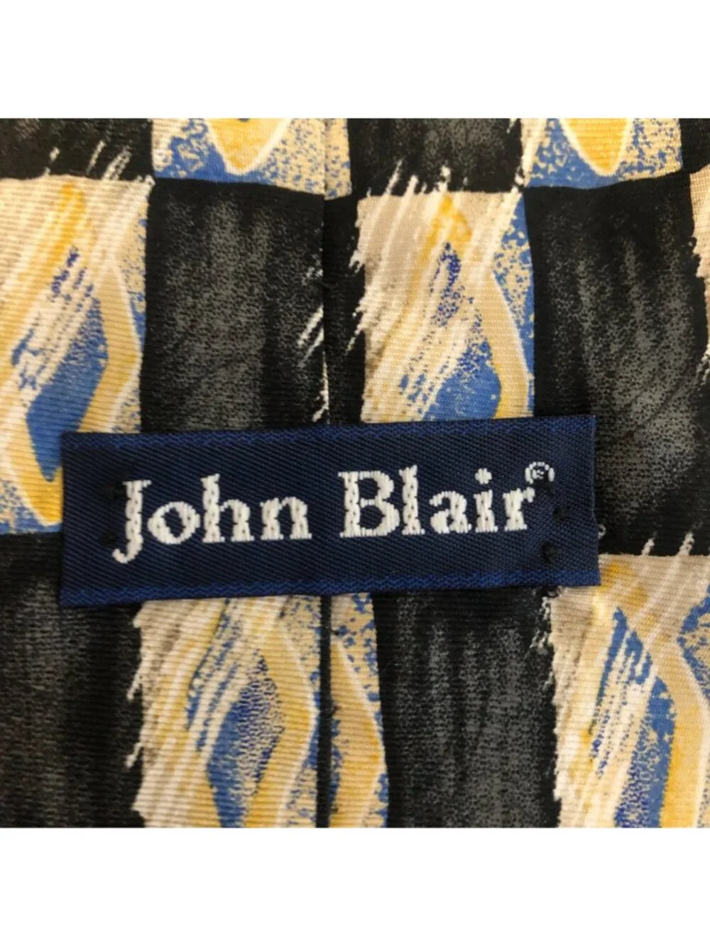 John Blair Mens Silk Necktie Vintage Classic Geometric Black Yellow Blue Office